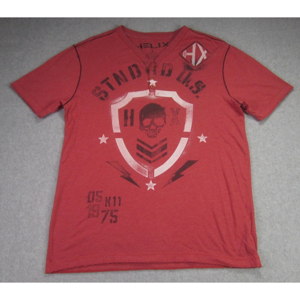 Helix Mens L Red Henley Shirt Skull Rock Shield Graphic Y2K Grunge Rocker Style‎